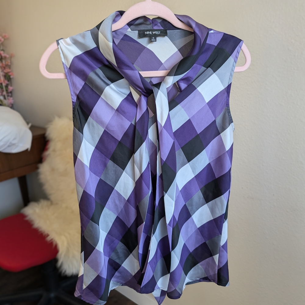 Nine West Purple and Gray Tie Blouse - M